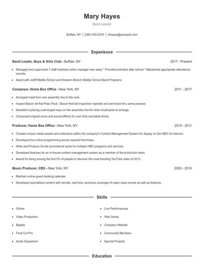 Band Leader Resume
