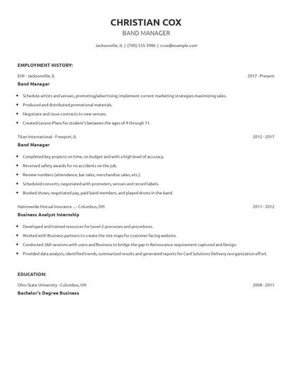Band Manager Resume