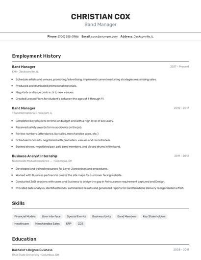 Band Manager Resume
