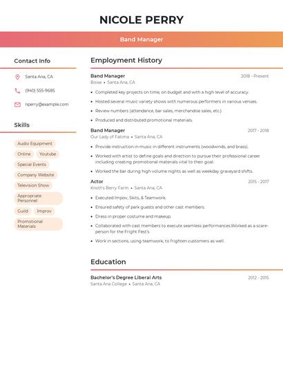 Band Manager Resume