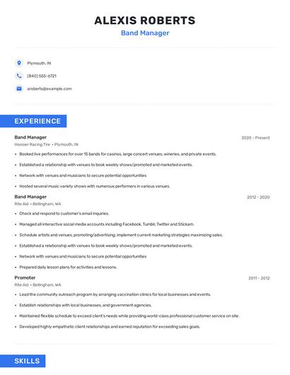 Band Manager Resume