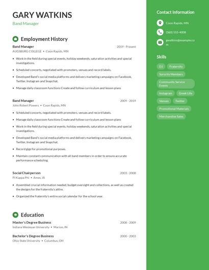 Band Manager Resume