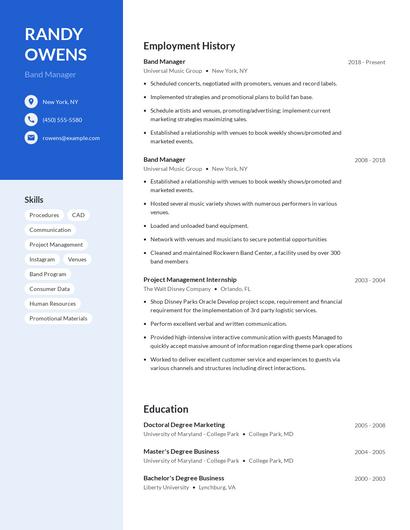 Band Manager Resume