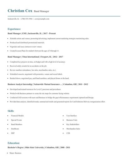 Band Manager Resume