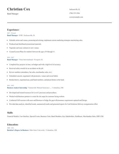 Band Manager Resume