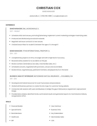 Band Manager Resume