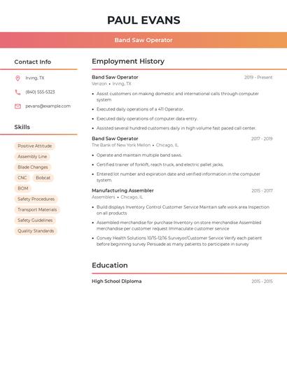 Band Saw Operator Resume