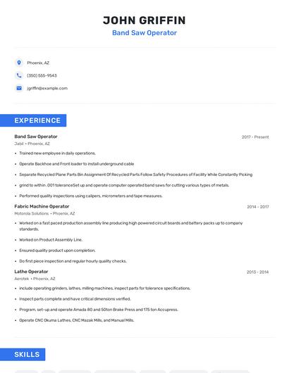 Band Saw Operator Resume