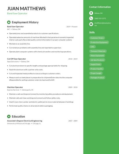 Band Saw Operator Resume