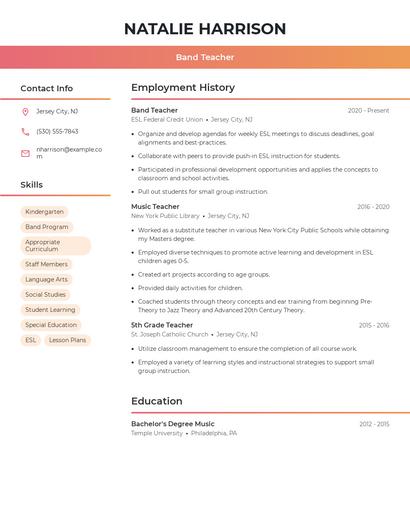 Band Teacher Resume