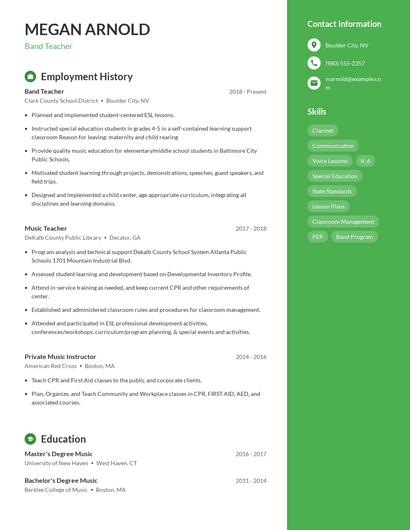 Band Teacher Resume