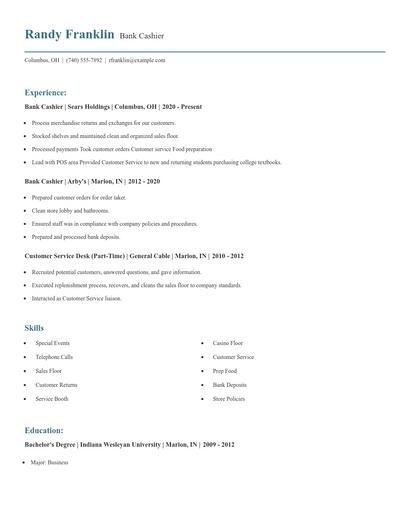 Bank Cashier Resume