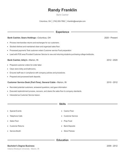 Bank Cashier Resume
