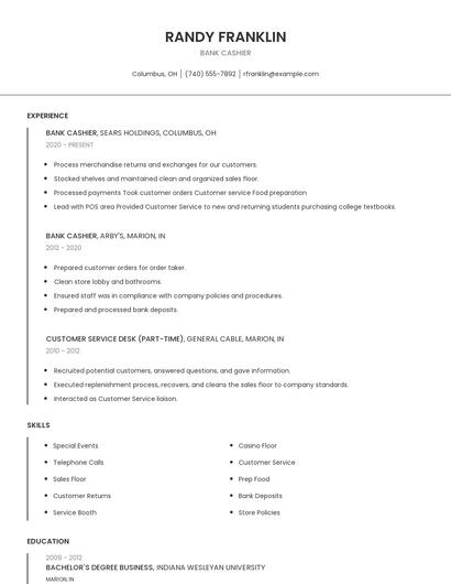 Bank Cashier Resume