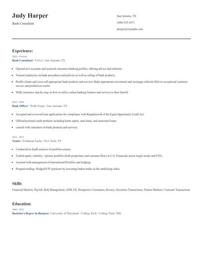 Bank Consultant Resume