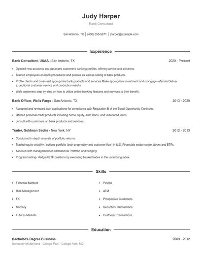 Bank Consultant Resume