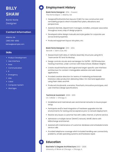 Bank Note Designer Resume