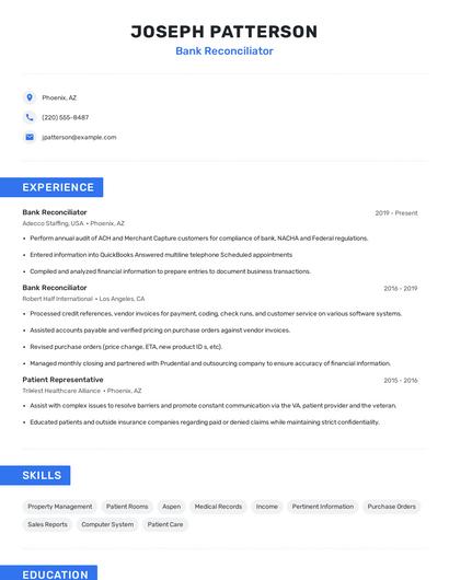 Bank Reconciliator Resume