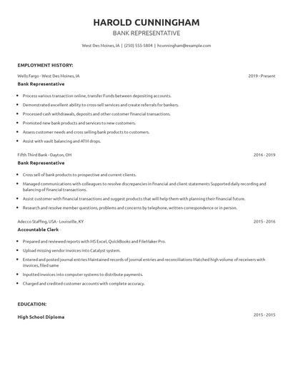 Bank Representative Resume