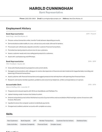 Bank Representative Resume