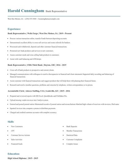 Bank Representative Resume