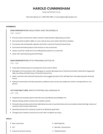 Bank Representative Resume