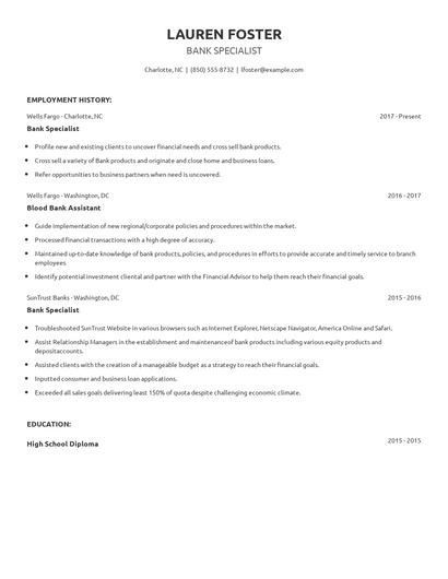 Bank Specialist Resume