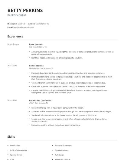 Bank Specialist Resume