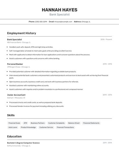 Bank Specialist Resume