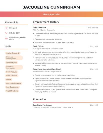 Bank Specialist Resume