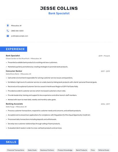 Bank Specialist Resume