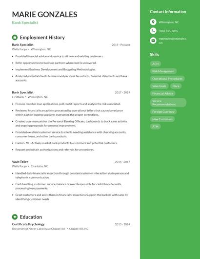 Bank Specialist Resume