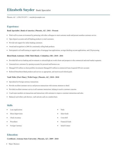 Bank Specialist Resume