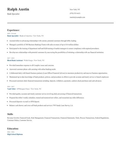 Bank Specialist Resume