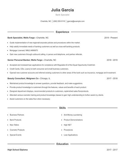 Bank Specialist Resume