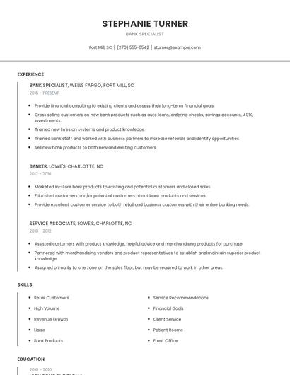 Bank Specialist Resume