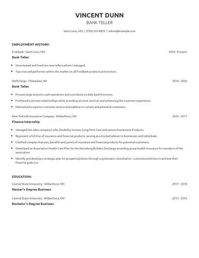 Bank Teller Resume