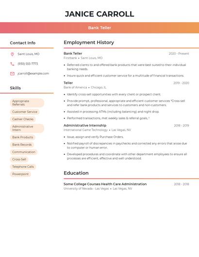 Bank Teller Resume