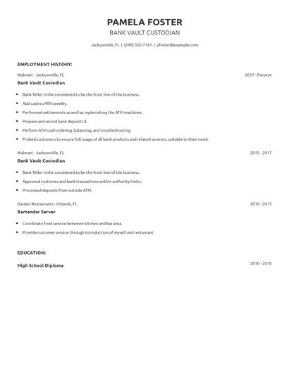 Bank Vault Custodian Resume