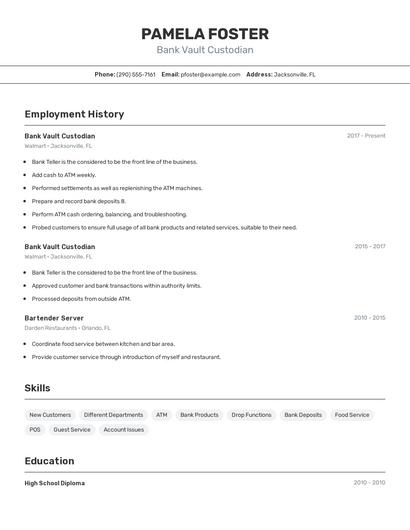 Bank Vault Custodian Resume