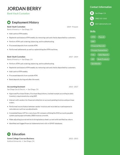 Bank Vault Custodian Resume