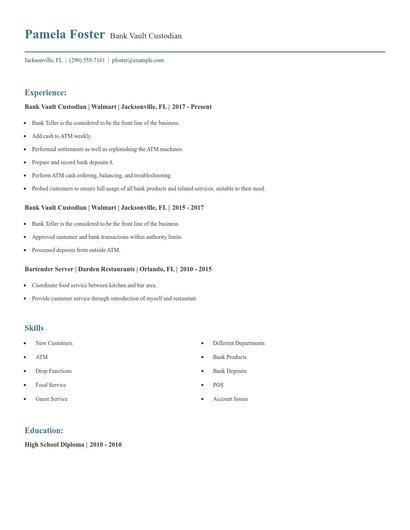 Bank Vault Custodian Resume