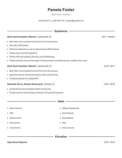 Bank Vault Custodian Resume