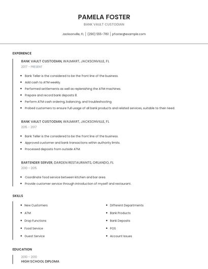 Bank Vault Custodian Resume