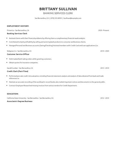 Banking Services Clerk Resume