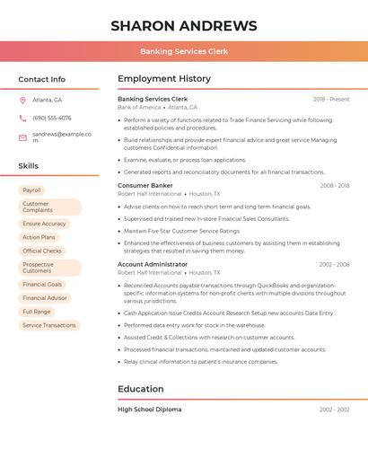 Banking Services Clerk Resume