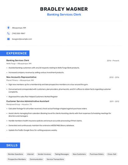 Banking Services Clerk Resume