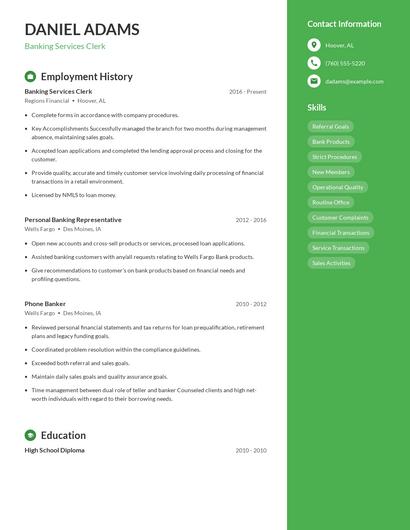 Banking Services Clerk Resume