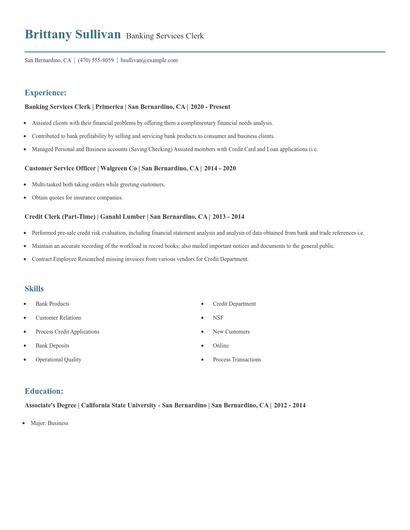 Banking Services Clerk Resume