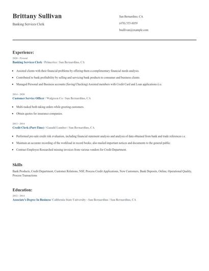 Banking Services Clerk Resume